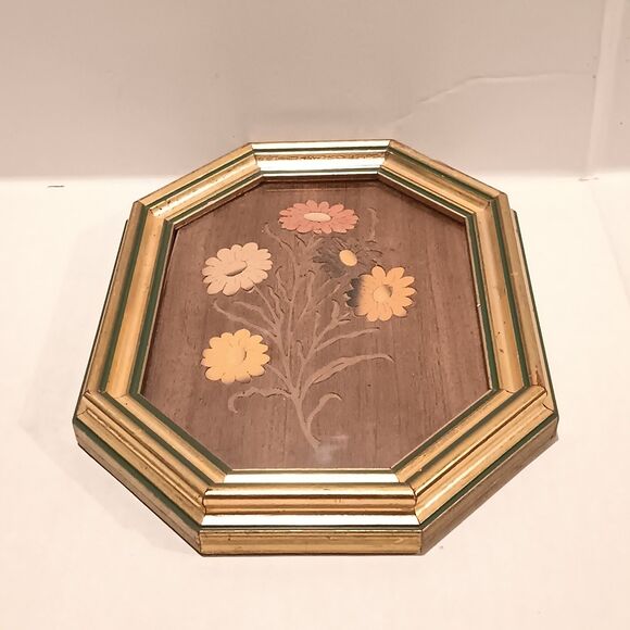 Vtg Mayflower Sorrento Inlaid Wood Framed Art-Floral-Octagonal-Marquetry-Italy - Picture 6 of 12